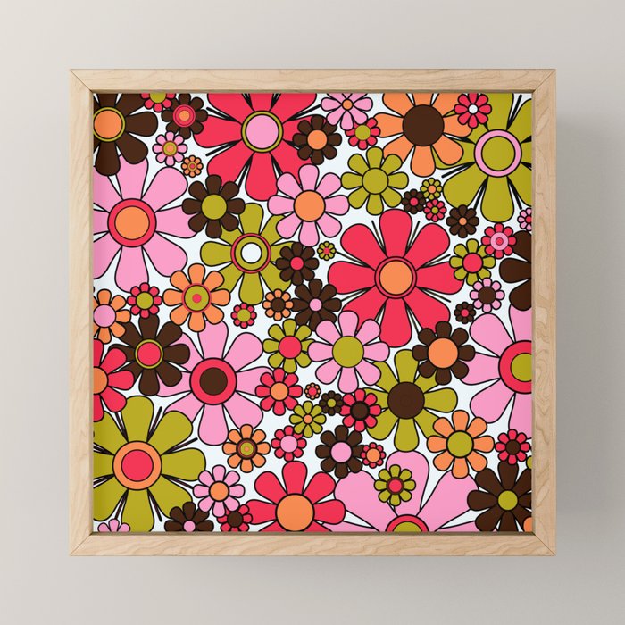 Retro Garden Flowers Groovy 60s 70s Floral Pattern in Pink, Dark Brown, Avocado Green, Orange, and Black Mini Art Print Gallery Image 1