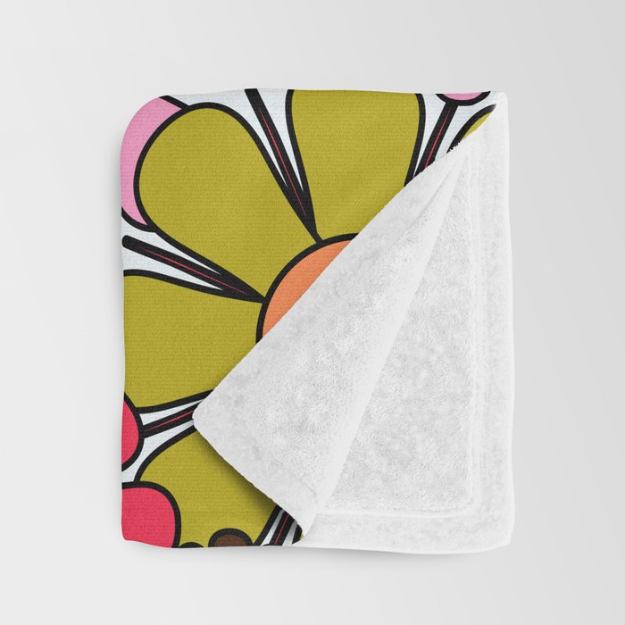 Retro Garden Flowers Groovy 60s 70s Floral Pattern in Pink, Dark Brown, Avocado Green, Orange, and Black Throw Blanket Gallery Image 3