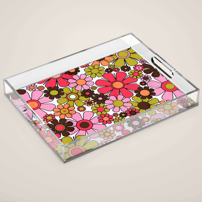 Retro Garden Flowers Groovy 60s 70s Floral Pattern in Pink, Dark Brown, Avocado Green, Orange, and Black Acrylic Tray Gallery Image 1