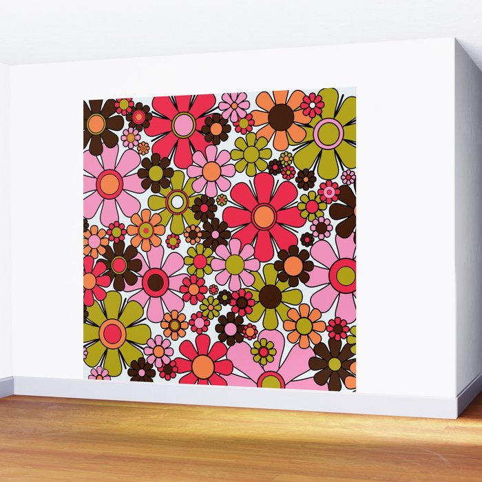 Retro Garden Flowers Groovy 60s 70s Floral Pattern in Pink, Dark Brown, Avocado Green, Orange, and Black Wall Mural Gallery Image 2
