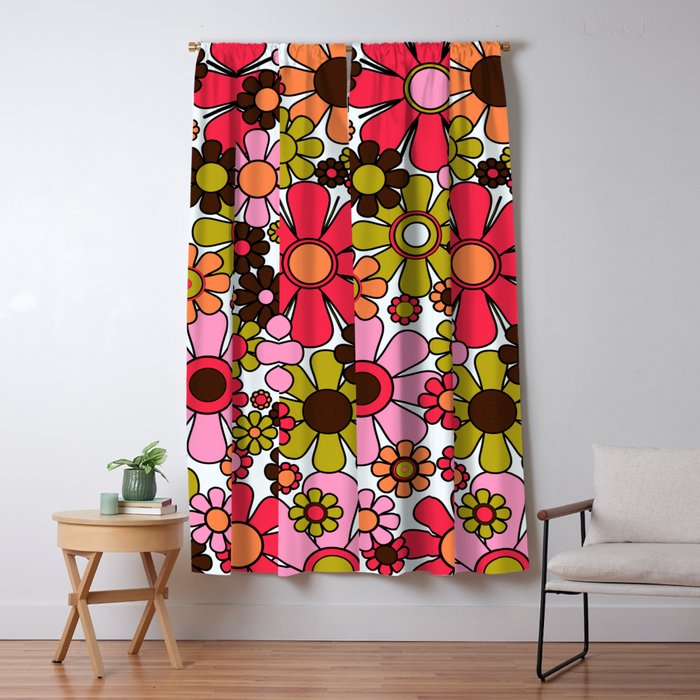 Retro Garden Flowers Groovy 60s 70s Floral Pattern in Pink, Dark Brown, Avocado Green, Orange, and Black Window Curtain Gallery Image 5