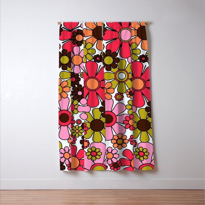 Retro Garden Flowers Groovy 60s 70s Floral Pattern in Pink, Dark Brown, Avocado Green, Orange, and Black Window Curtain Gallery Image 3