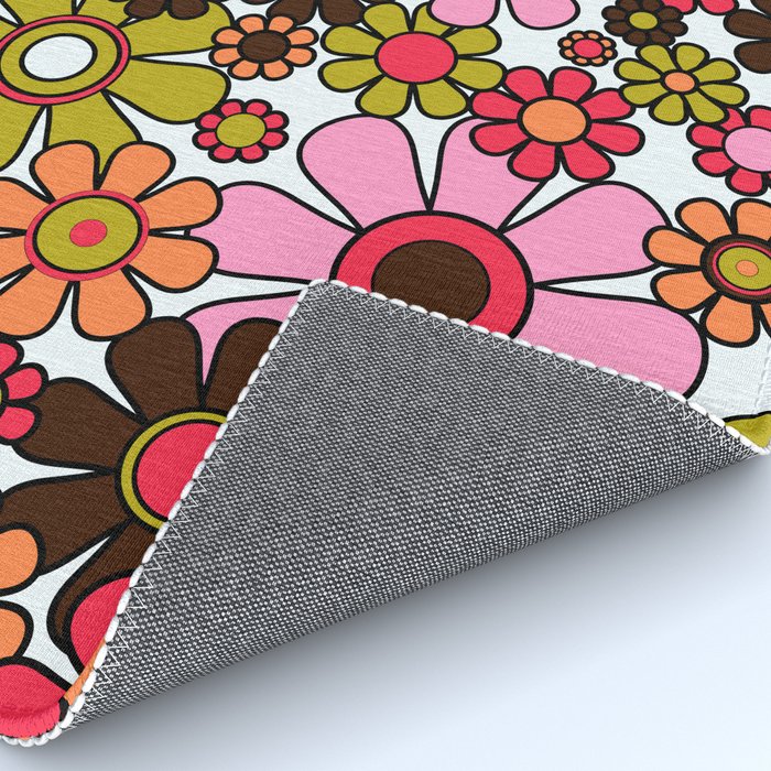 Retro Garden Flowers Groovy 60s 70s Floral Pattern in Pink, Dark Brown, Avocado Green, Orange, and Black Rug Gallery Image 4