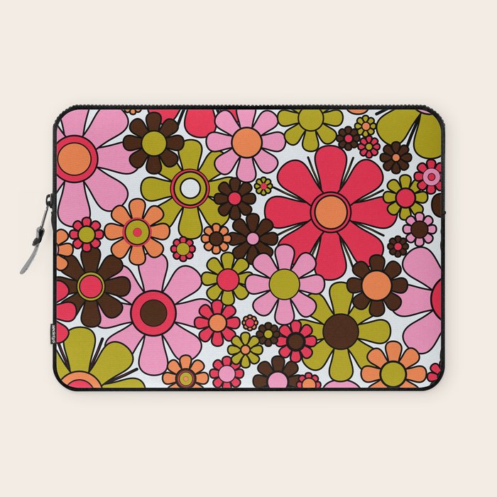 Retro Garden Flowers Groovy 60s 70s Floral Pattern in Pink, Dark Brown, Avocado Green, Orange, and Black Laptop Sleeve Gallery Image 1