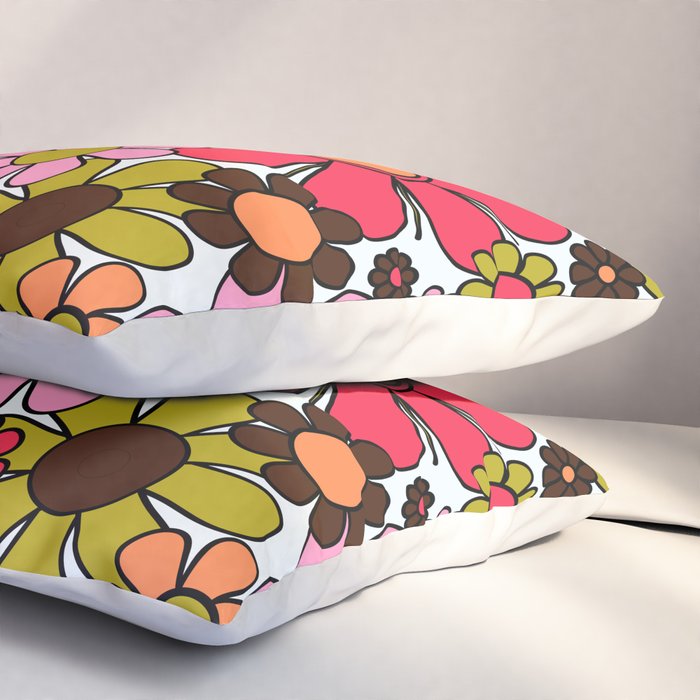 Retro Garden Flowers Groovy 60s 70s Floral Pattern in Pink, Dark Brown, Avocado Green, Orange, and Black Pillow Sham Gallery Image 3