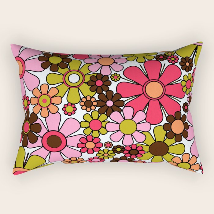 Retro Garden Flowers Groovy 60s 70s Floral Pattern in Pink, Dark Brown, Avocado Green, Orange, and Black Rectangular Pillow Gallery Image 1