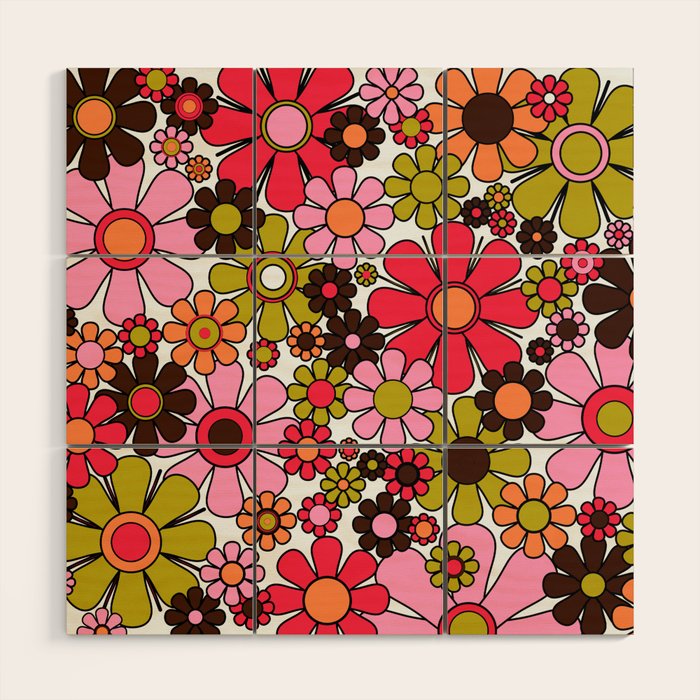 Retro Garden Flowers Groovy 60s 70s Floral Pattern in Pink, Dark Brown, Avocado Green, Orange, and Black Wood Wall Art Gallery Image 1