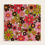 Retro Garden Flowers Groovy 60s 70s Floral Pattern in Pink, Dark Brown, Avocado Green, Orange, and Black Wood Wall Art Gallery Image 1