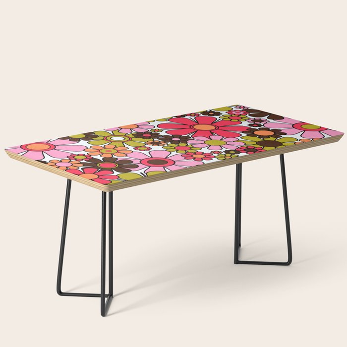 Retro Garden Flowers Groovy 60s 70s Floral Pattern in Pink, Dark Brown, Avocado Green, Orange, and Black Coffee Table Gallery Image 1