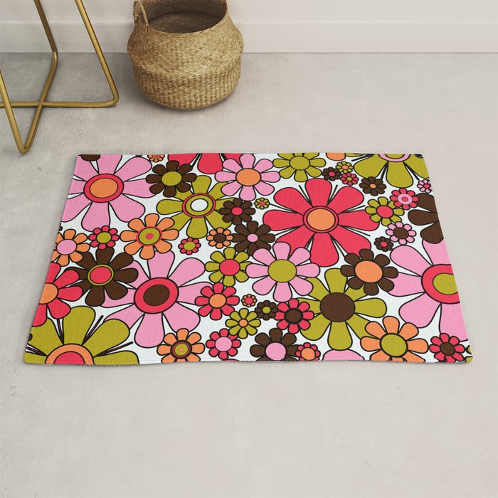 Retro Garden Flowers Groovy 60s 70s Floral Pattern in Pink, Dark Brown, Avocado Green, Orange, and Black Rug Gallery Image 1