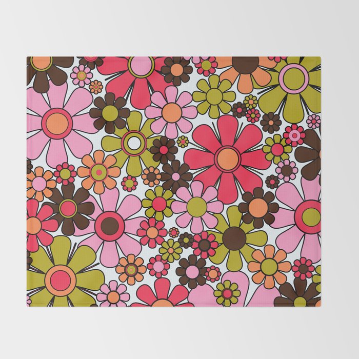 Retro Garden Flowers Groovy 60s 70s Floral Pattern in Pink, Dark Brown, Avocado Green, Orange, and Black Throw Blanket Gallery Image 2