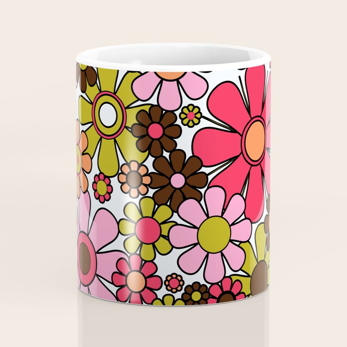 Retro Garden Flowers Groovy 60s 70s Floral Pattern in Pink, Dark Brown, Avocado Green, Orange, and Black Coffee Mug Gallery Image 4