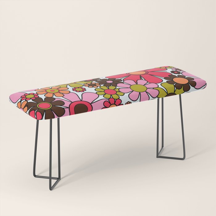 Retro Garden Flowers Groovy 60s 70s Floral Pattern in Pink, Dark Brown, Avocado Green, Orange, and Black Bench Gallery Image 1