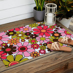 Retro Garden Flowers Groovy 60s 70s Floral Pattern in Pink, Dark Brown, Avocado Green, Orange, and Black Outdoor Rug Gallery Image 2