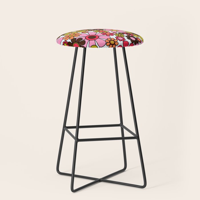 Retro Garden Flowers Groovy 60s 70s Floral Pattern in Pink, Dark Brown, Avocado Green, Orange, and Black Stool Gallery Image 1