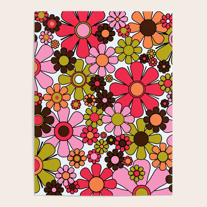 Retro Garden Flowers Groovy 60s 70s Floral Pattern in Pink, Dark Brown, Avocado Green, Orange, and Black Poster Gallery Image 4