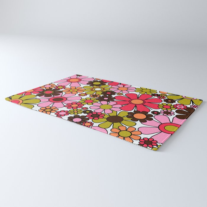 Retro Garden Flowers Groovy 60s 70s Floral Pattern in Pink, Dark Brown, Avocado Green, Orange, and Black Rug Gallery Image 3