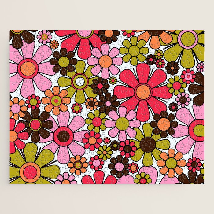 Retro Garden Flowers Groovy 60s 70s Floral Pattern in Pink, Dark Brown, Avocado Green, Orange, and Black Jigsaw Puzzle Gallery Image 1
