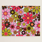 Retro Garden Flowers Groovy 60s 70s Floral Pattern in Pink, Dark Brown, Avocado Green, Orange, and Black Jigsaw Puzzle Gallery Image 1
