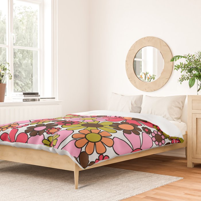 Retro Garden Flowers Groovy 60s 70s Floral Pattern in Pink, Dark Brown, Avocado Green, Orange, and Black Duvet Cover Gallery Image 2