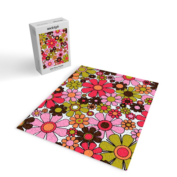 Retro Garden Flowers Groovy 60s 70s Floral Pattern in Pink, Dark Brown, Avocado Green, Orange, and Black Jigsaw Puzzle Gallery Image 2