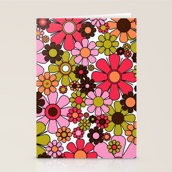 Retro Garden Flowers Groovy 60s 70s Floral Pattern in Pink, Dark Brown, Avocado Green, Orange, and Black Stationery Card Gallery Image 2