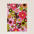 Retro Garden Flowers Groovy 60s 70s Floral Pattern in Pink, Dark Brown, Avocado Green, Orange, and Black Stationery Card Gallery Image 2