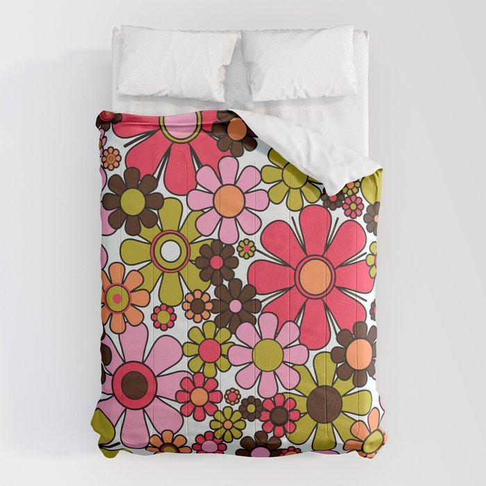 Retro Garden Flowers Groovy 60s 70s Floral Pattern in Pink, Dark Brown, Avocado Green, Orange, and Black Comforter Gallery Image 6