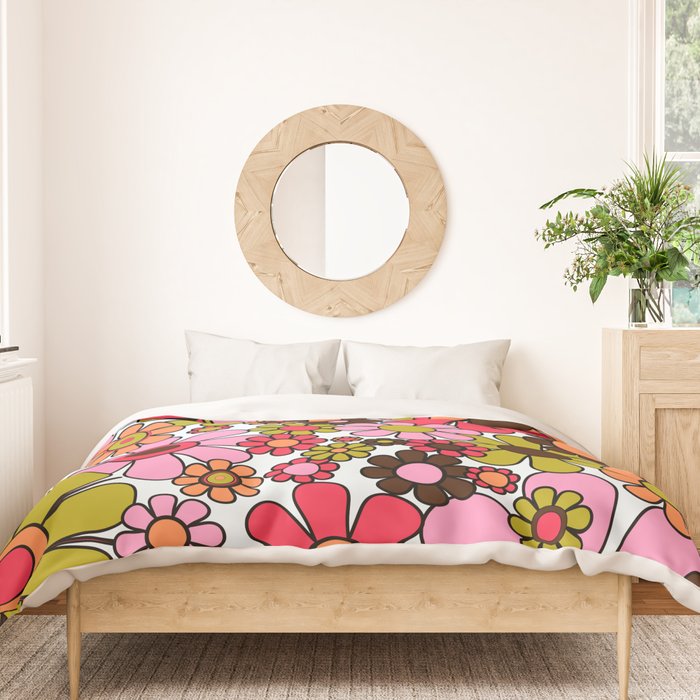 Retro Garden Flowers Groovy 60s 70s Floral Pattern in Pink, Dark Brown, Avocado Green, Orange, and Black Duvet Cover Gallery Image 3