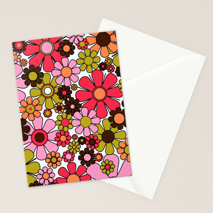 Retro Garden Flowers Groovy 60s 70s Floral Pattern in Pink, Dark Brown, Avocado Green, Orange, and Black Stationery Card Gallery Image 2