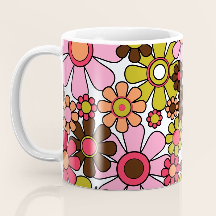 Retro Garden Flowers Groovy 60s 70s Floral Pattern in Pink, Dark Brown, Avocado Green, Orange, and Black Coffee Mug Gallery Image 3