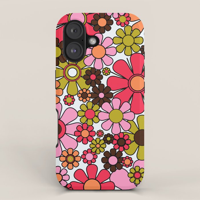 Retro Garden Flowers Groovy 60s 70s Floral Pattern in Pink, Dark Brown, Avocado Green, Orange, and Black iPhone Case Gallery Image 1