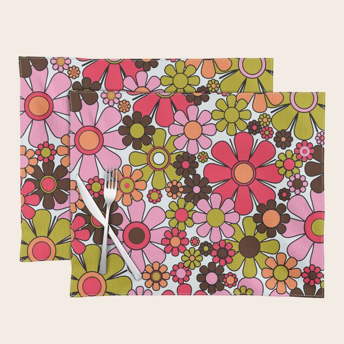 Retro Garden Flowers Groovy 60s 70s Floral Pattern in Pink, Dark Brown, Avocado Green, Orange, and Black Placemat Gallery Image 1