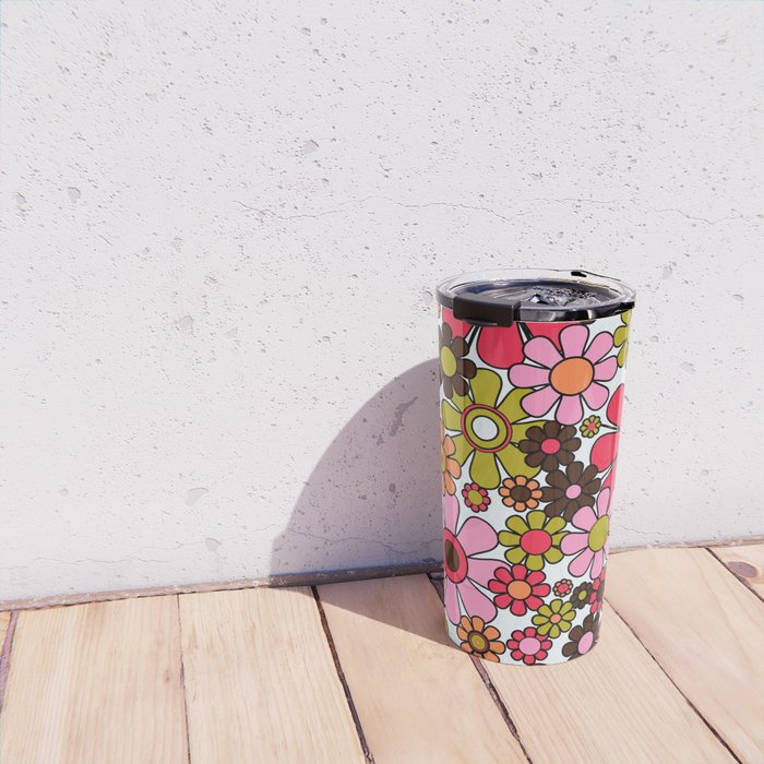 Retro Garden Flowers Groovy 60s 70s Floral Pattern in Pink, Dark Brown, Avocado Green, Orange, and Black Travel Mug Gallery Image 4