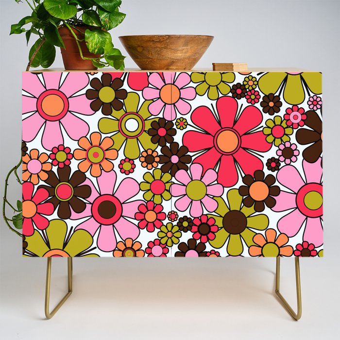Retro Garden Flowers Groovy 60s 70s Floral Pattern in Pink, Dark Brown, Avocado Green, Orange, and Black Credenza Gallery Image 1