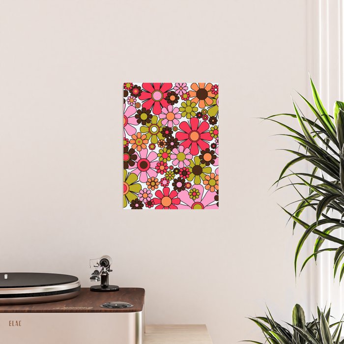 Retro Garden Flowers Groovy 60s 70s Floral Pattern in Pink, Dark Brown, Avocado Green, Orange, and Black Poster Gallery Image 2