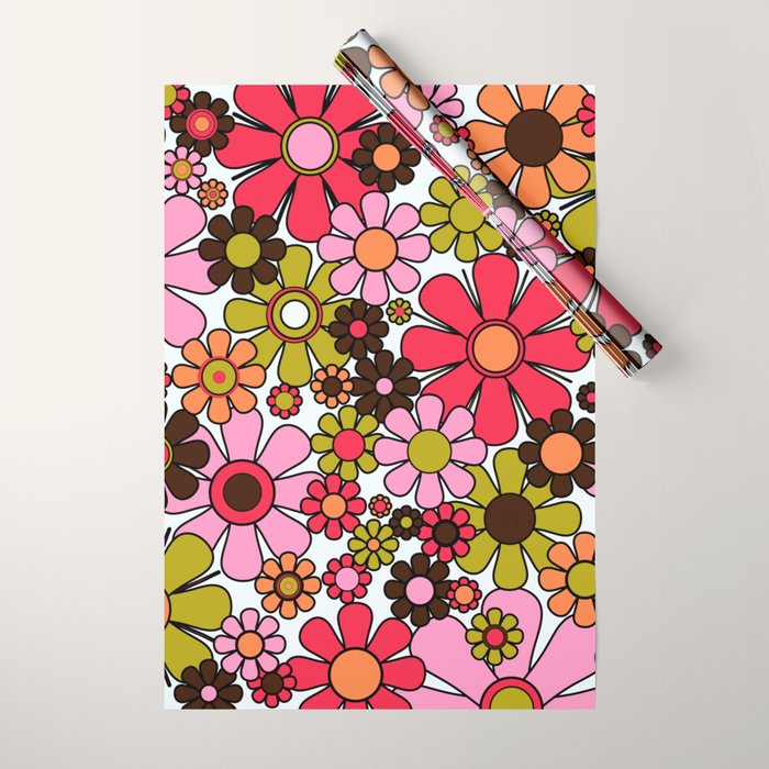 Retro Garden Flowers Groovy 60s 70s Floral Pattern in Pink, Dark Brown, Avocado Green, Orange, and Black Wrapping Paper Gallery Image 1