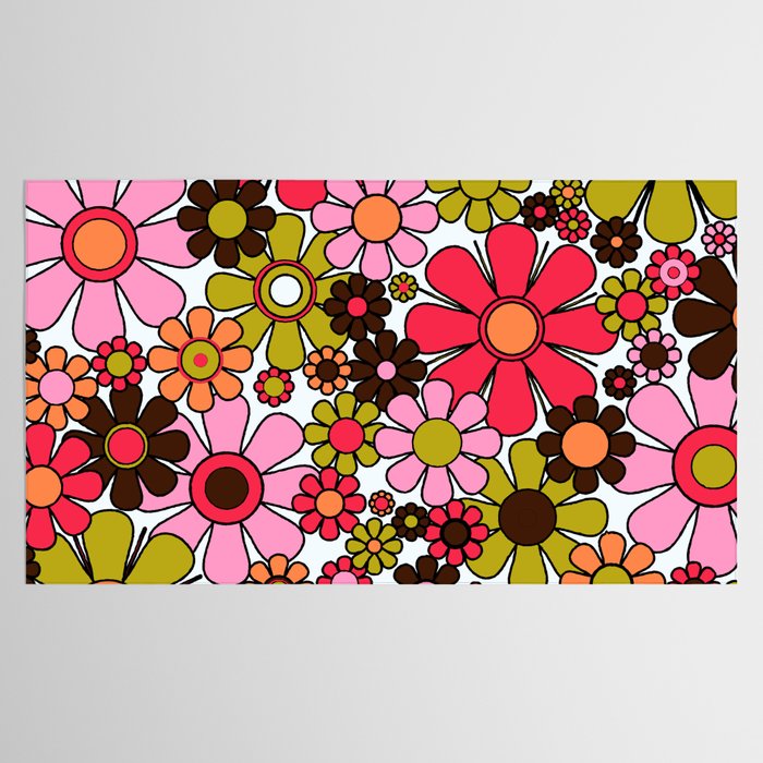 Retro Garden Flowers Groovy 60s 70s Floral Pattern in Pink, Dark Brown, Avocado Green, Orange, and Black Tablecloth Gallery Image 2