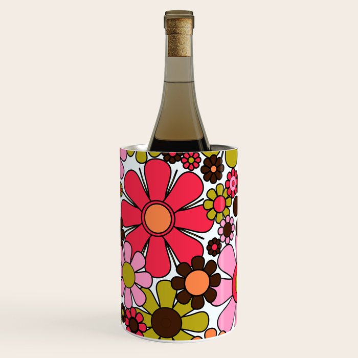 Retro Garden Flowers Groovy 60s 70s Floral Pattern in Pink, Dark Brown, Avocado Green, Orange, and Black Wine Chiller Gallery Image 3