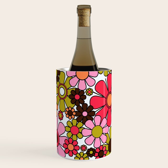 Retro Garden Flowers Groovy 60s 70s Floral Pattern in Pink, Dark Brown, Avocado Green, Orange, and Black Wine Chiller Gallery Image 1