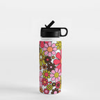 Retro Garden Flowers Groovy 60s 70s Floral Pattern in Pink, Dark Brown, Avocado Green, Orange, and Black Water Bottle Gallery Image 1