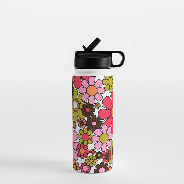 Retro Garden Flowers Groovy 60s 70s Floral Pattern in Pink, Dark Brown, Avocado Green, Orange, and Black Water Bottle Gallery Image 1