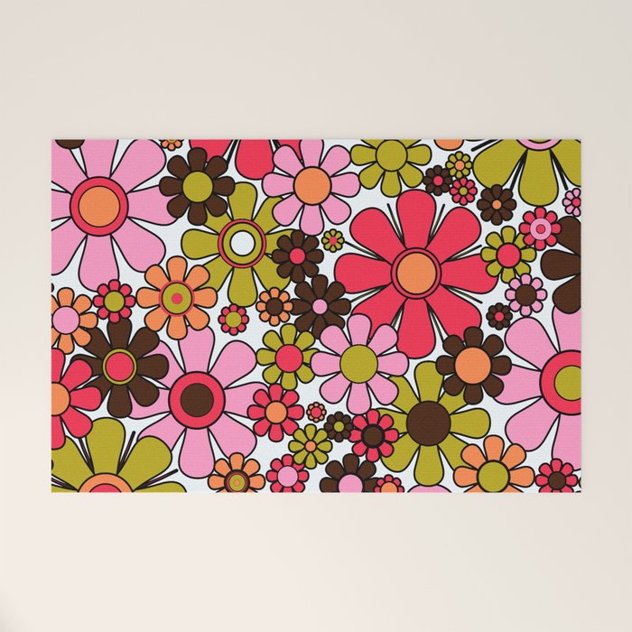 Retro Garden Flowers Groovy 60s 70s Floral Pattern in Pink, Dark Brown, Avocado Green, Orange, and Black Welcome Mat Gallery Image 1