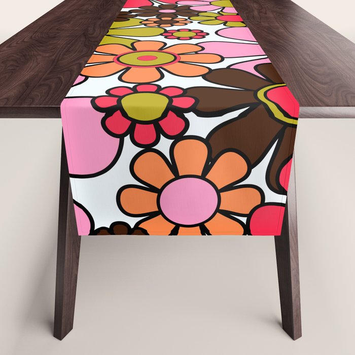 Retro Garden Flowers Groovy 60s 70s Floral Pattern in Pink, Dark Brown, Avocado Green, Orange, and Black Table Runner Gallery Image 1