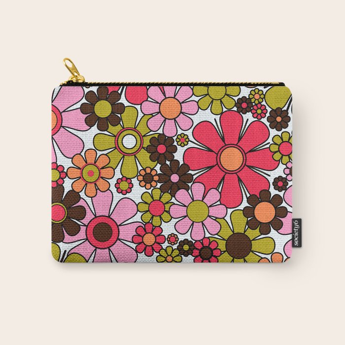 Retro Garden Flowers Groovy 60s 70s Floral Pattern in Pink, Dark Brown, Avocado Green, Orange, and Black Carry All Pouch Gallery Image 1