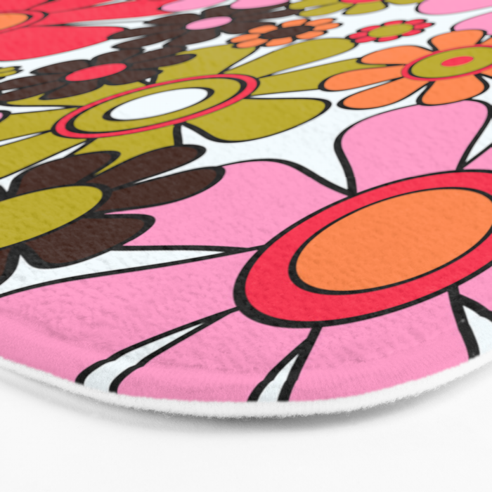 Retro Garden Flowers Groovy 60s 70s Floral Pattern in Pink, Dark Brown, Avocado Green, Orange, and Black Bath Mat Gallery Image 3