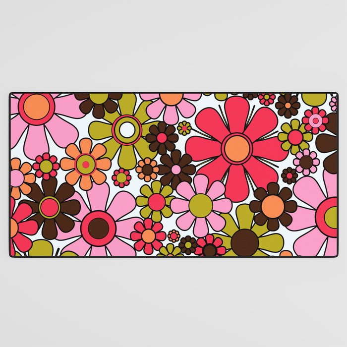 Retro Garden Flowers Groovy 60s 70s Floral Pattern in Pink, Dark Brown, Avocado Green, Orange, and Black Desk Mat Gallery Image 3