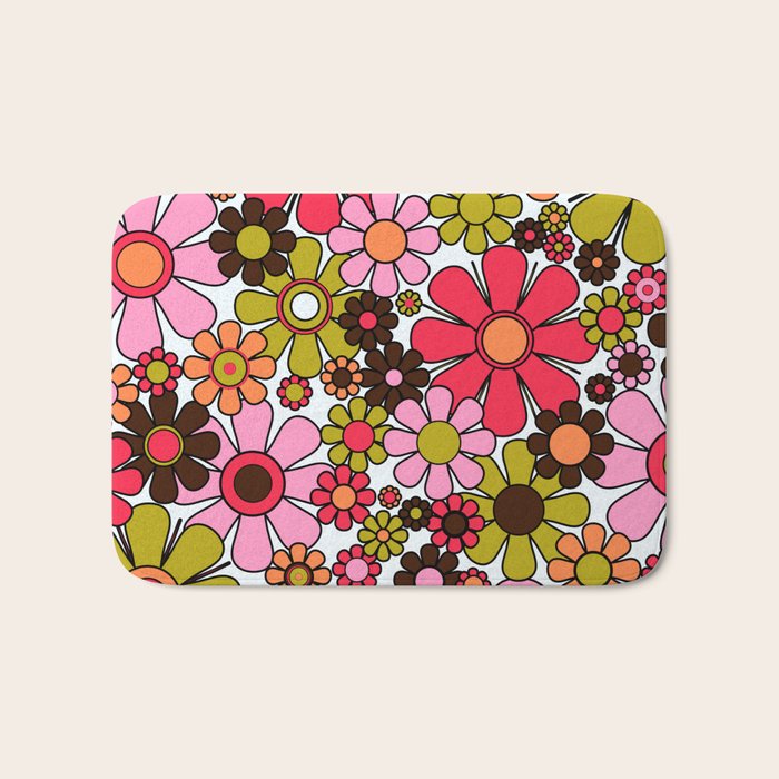 Retro Garden Flowers Groovy 60s 70s Floral Pattern in Pink, Dark Brown, Avocado Green, Orange, and Black Bath Mat Gallery Image 1