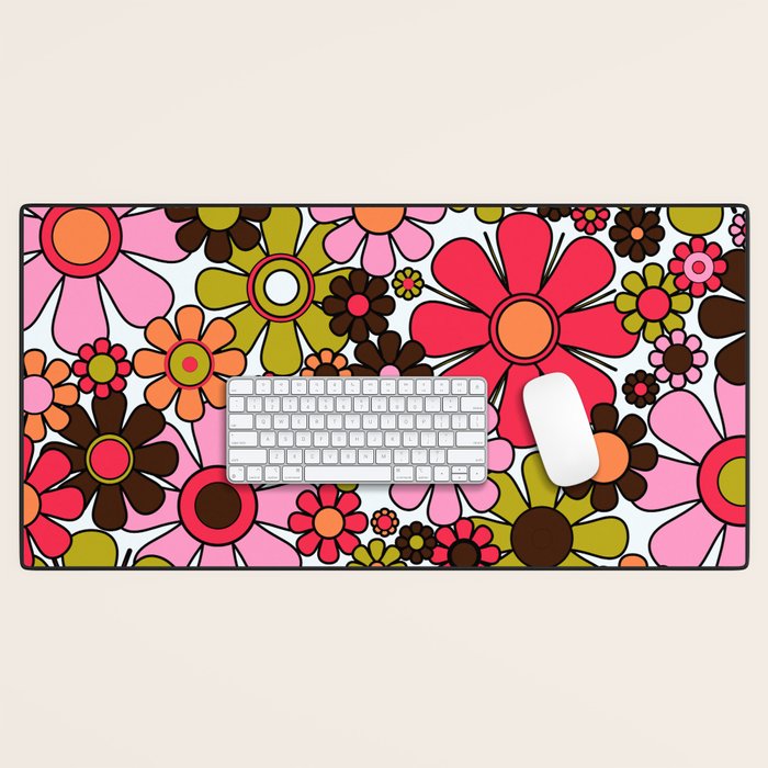 Retro Garden Flowers Groovy 60s 70s Floral Pattern in Pink, Dark Brown, Avocado Green, Orange, and Black Desk Mat Gallery Image 1