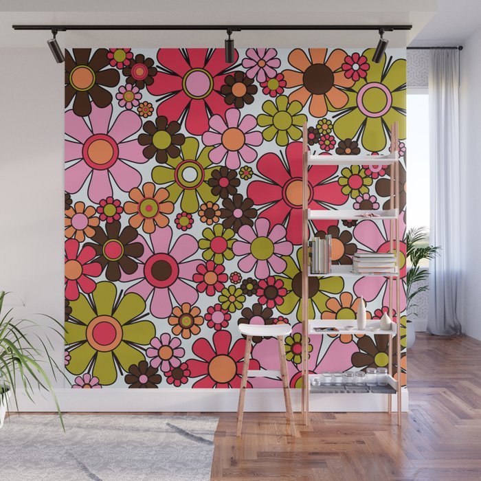 Retro Garden Flowers Groovy 60s 70s Floral Pattern in Pink, Dark Brown, Avocado Green, Orange, and Black Wall Mural Gallery Image 1